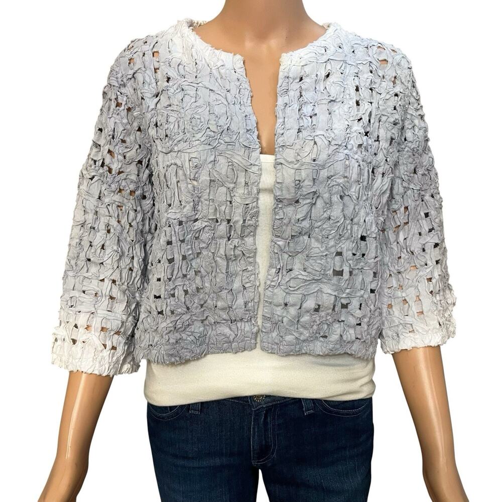 Kiyo Art To Wear Woven Jacket Small Open Cropped Ombre 3/4 Sleeve Distressed